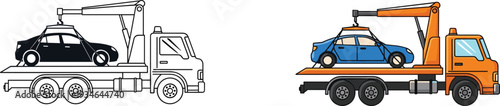 Tow truck carrying car, roadside assistance illustration, flatbed recovery vehicle, automotive towing service, transport breakdown, emergency haulage,
