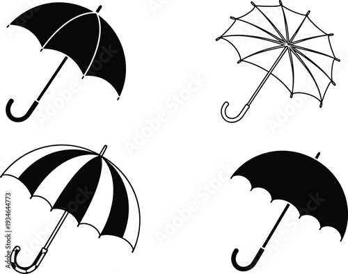 Umbrella icon set vector illustration, open rain parasol silhouettes isolated on white background for weather protection design