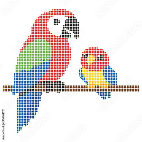 Colorful Parrot Family Pixel Halftone Art on Branch Illustration.