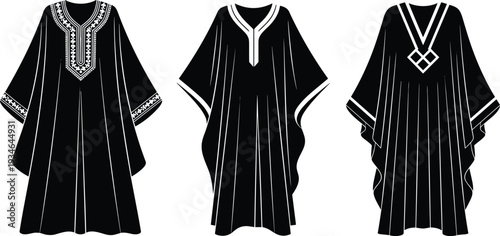 Traditional kaftan silhouette set, ethnic tunic designs, middle eastern fashion, modest clothing, embroidered apparel, cultural garment icons, and folk dress vectors.