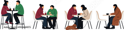 Vector illustration of diverse people sitting at cafe tables, couples talking over coffee, person working alone with dog, social gathering