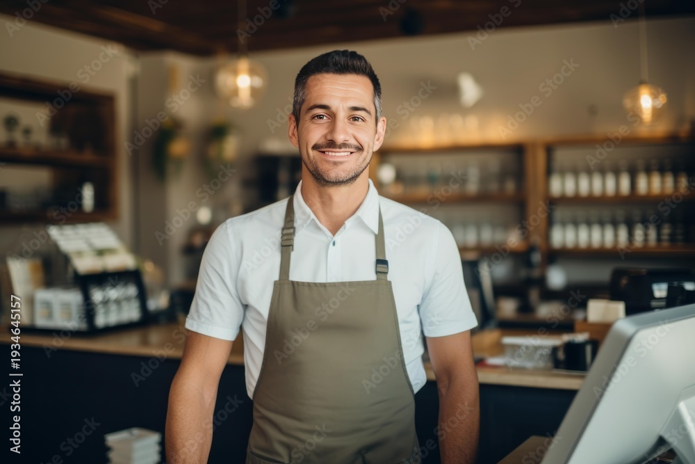 Fototapeta premium Smiling male barista standing proudly in front of his coffee shop counter