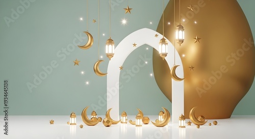 Ramadan Kareem Islamic arch with golden crescent moons and lanterns on a mint green background