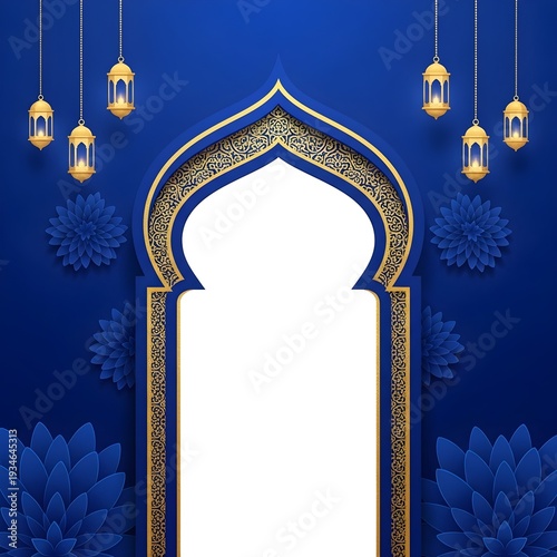 Islamic Blue and Gold Arch with Lanterns and Floral Decorations