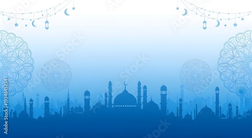Blue Mosque Silhouette with Lanterns and Mandalas on Gradient Background