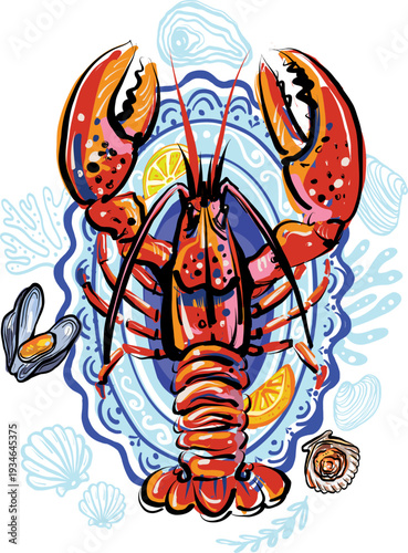 Colorful lobster with mussels lemon and seashells illustration
