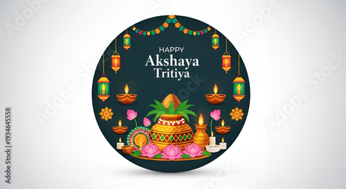 Akshaya Tritiya vector hindu festival greeting with kalash diya lotus lantern and floral decoration for prosperity wealth tradition culture celebration