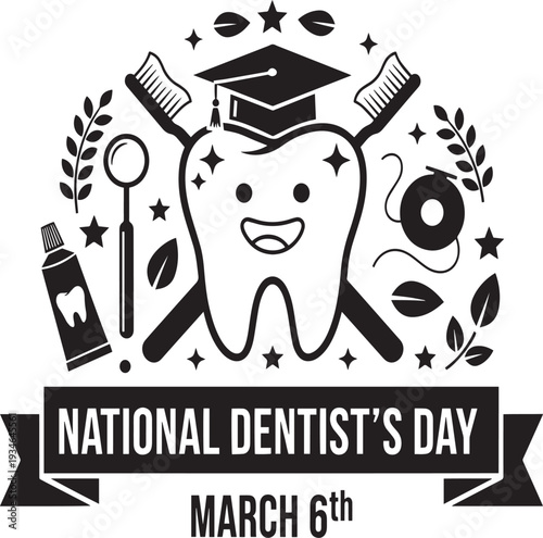 National Dentist's Day vector illustration with happy tooth, dental tools, and celebration banner for March 6th