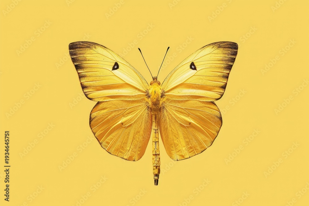 Fototapeta premium Beautiful golden butterfly with open wings on a yellow background, creating a stunning visual contrast