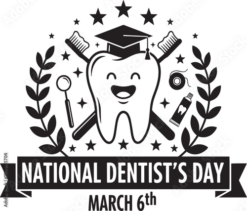 National Dentist's Day vector illustration with happy tooth, graduation cap, dental tools, and laurel wreath on March 6th celebration banner