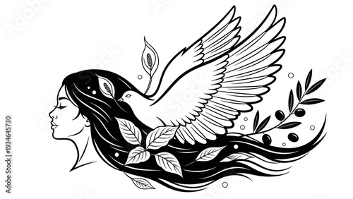 Wallpaper Mural Woman's Profile with Dove and Olive Branch in Hair, Symbolizing Peace and Freedom Torontodigital.ca