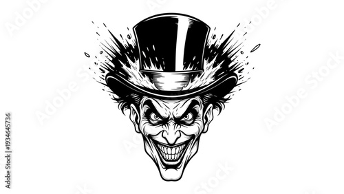 Evil Joker Face with Top Hat, Grinning Maniac, Dark Character, Horror Style