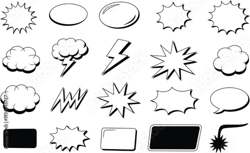 Assortment of comic style speech and thought bubbles, lightning bolts, cloud shapes, and starbursts in black and white, perfect for graphic design and web use.