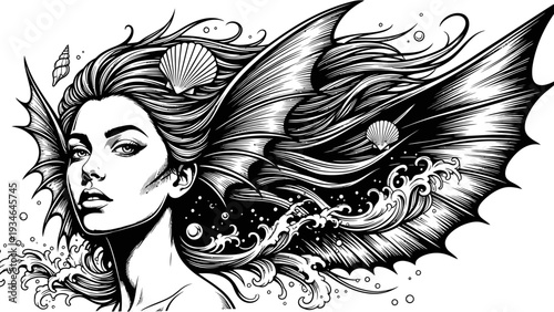 Mysterious Mermaid with flowing hair, fins, and seashells in a dark, watery background