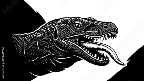 Wallpaper Mural Komodo Dragon Head Close-up, Fierce Reptile with Forked Tongue, Black and White Illustration Torontodigital.ca