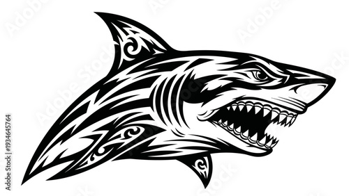 Tribal Shark Head Tattoo Design, Fierce Predator, Black and White Vector Art