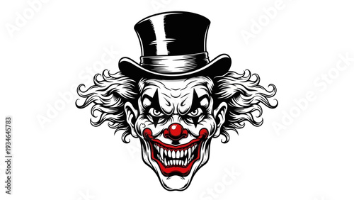 Scary Clown Face with Top Hat, Evil Grin and Red Nose - Horror Illustration