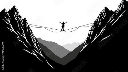 Silhouette of a person tightrope walking between two mountains, extreme sport, risk, balance