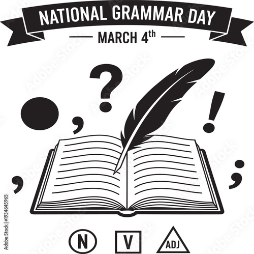 National Grammar Day March 4th celebration concept with open book quill pen, punctuation marks and vintage banner design
