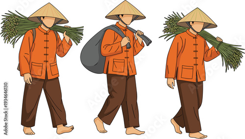 Asian Farmer Carrying Rice Harvest Illustration, Traditional Rural Worker in Conical Hat Walking with Crop Bundle Vector Art
