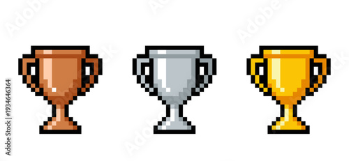 Quadro su tela Pixel Art Trophy Set – Bronze Silver Gold Cups 8 Bit Retro Game Awards Vector