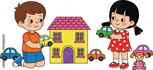 Cute Kids Playing with Toy Cars and Doll House, Happy Children Cartoon Illustration Isolated on White Background
