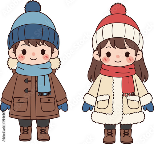 Cute Winter Kids Cartoon Illustration, Boy and Girl in Warm Clothes Isolated on White Background for Seasonal Design
