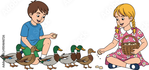 Happy Children Feeding Ducks at Park Lake, Cute Kids Outdoor Activity Cartoon Illustration with Animals and Nature
