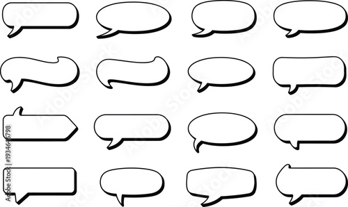Collection of 16 empty rounded and rectangular speech and chat bubbles with shadow effect, perfect for dialogue and text in graphic design