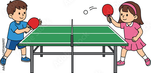 Kids Playing Table Tennis Illustration, Cute Boy and Girl Cartoon Characters with Ping Pong Rackets Isolated on White Background