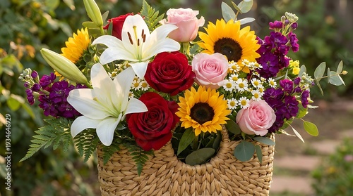 Vibrant flower arrangement in woven basket