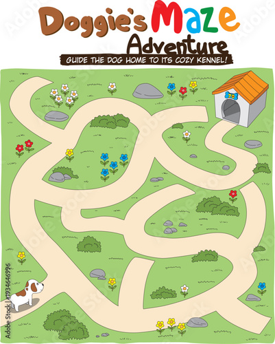 A maze game set in a grassy area. The objective is to help the dog navigate through the maze to reach its cozy kennel.