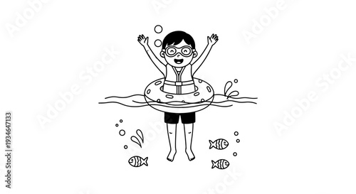 A young girl swimming happily with a life ring surrounded by fish.