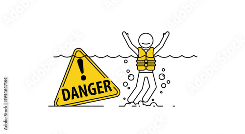 Person in distress wearing life jacket in water with danger sign nearby.