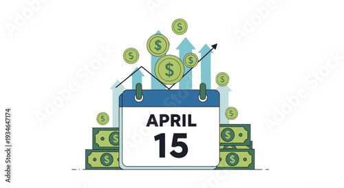 Tax Day April 15 deadline with money and calendar illustration.