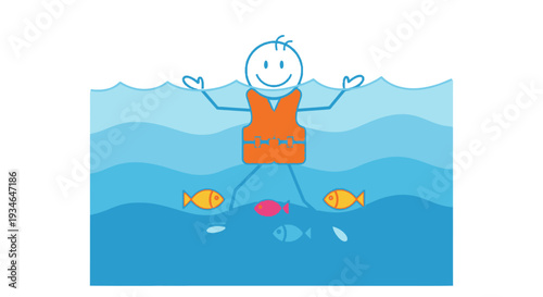 A happy stick figure wearing an orange life jacket floating in the ocean with fish.