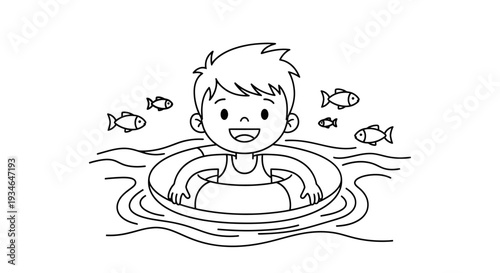 A smiling boy swimming with fish in the water.