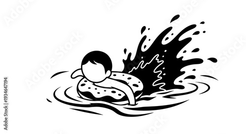 Black and white illustration of a person swimming in water with splashes.