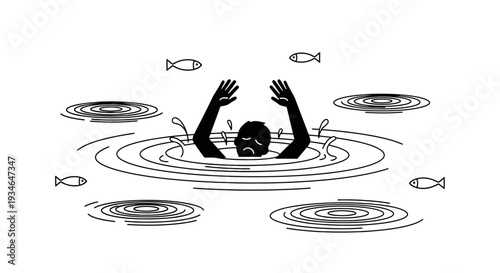 Man drowning in water surrounded by fish.