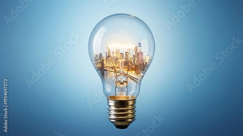 A glowing light bulb with a cityscape inside