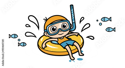 A cartoon boy snorkeling in an inflatable ring surrounded by fish.