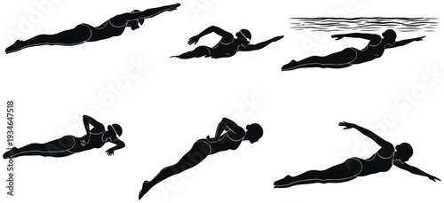 Female swimmer silhouettes showing freestyle stroke variations and swimming motion illustrations.