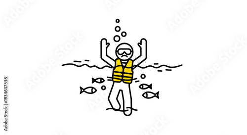 Man wearing a life jacket floating on the water surrounded by fish.