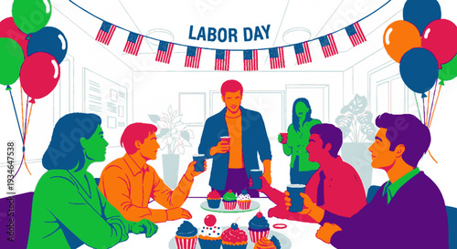 People celebrate labor day with cupcakes and balloons in colorful american themed party