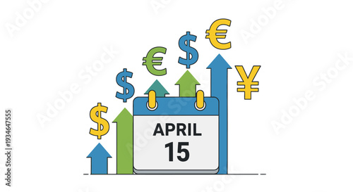 Tax deadline calendar with rising currency symbols and financial growth indicators.