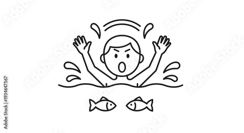 A cartoon person drowning in water with fish nearby.
