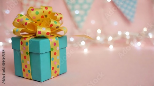 A teal gift box with yellow ribbon and colorful dots on a pink background