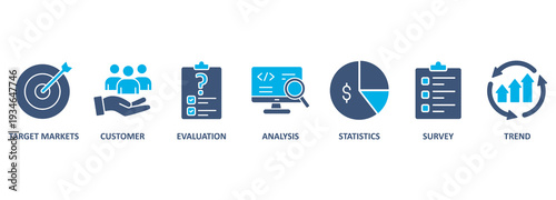 Market research banner web icon vector illustration concept with icon of target markets, customer, evaluation, analysis, statistics, survey and trend 