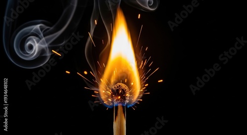 Burning Match Igniting Sparks and Smoke Against Black Background Close-up