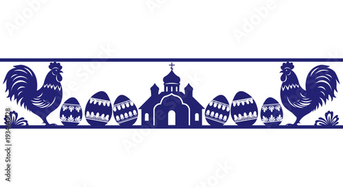 Easter border with roosters, painted eggs, and church silhouette